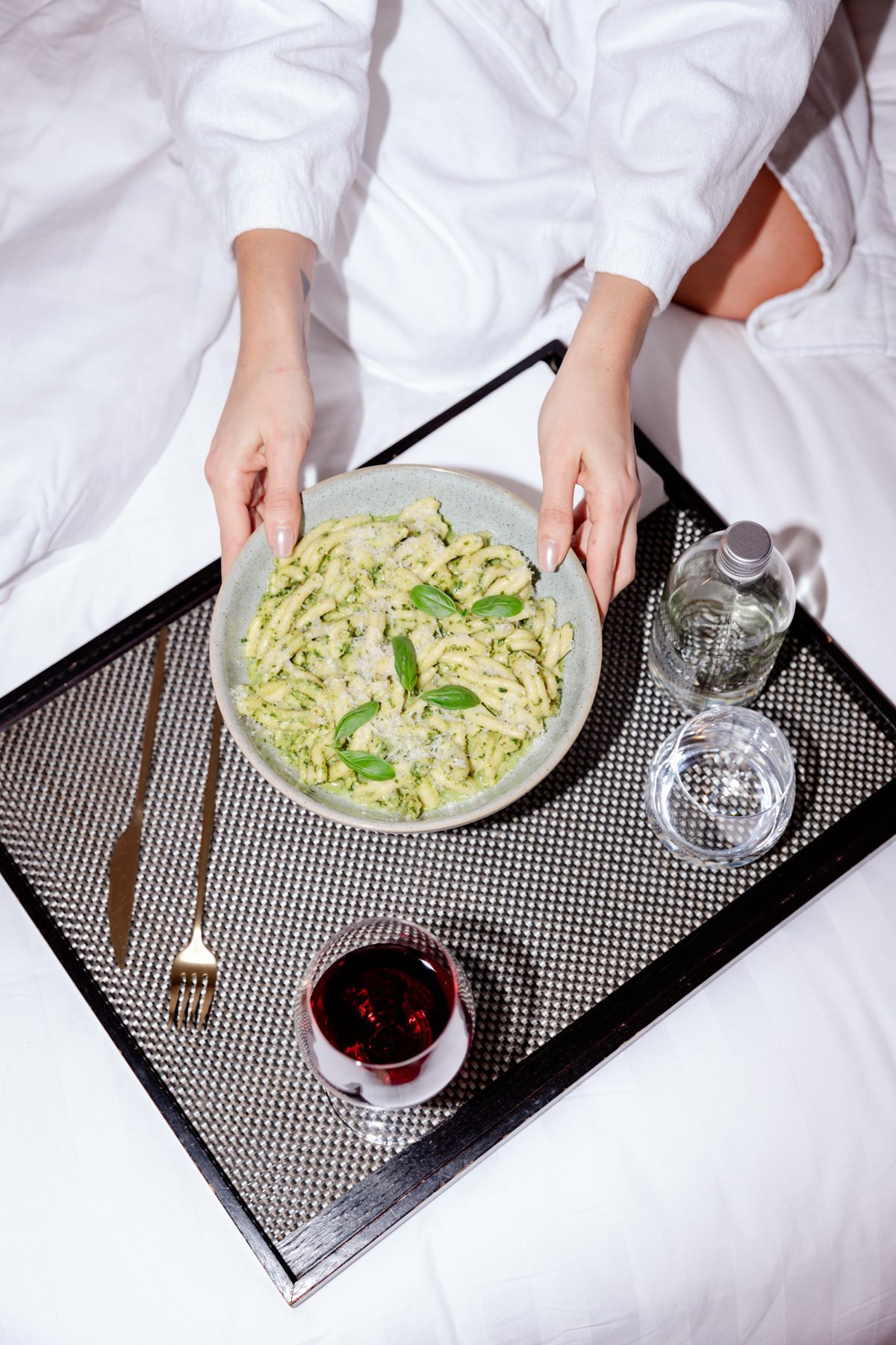 Photo: Natasha Ruiz In-room dining: handmade pasta in bed